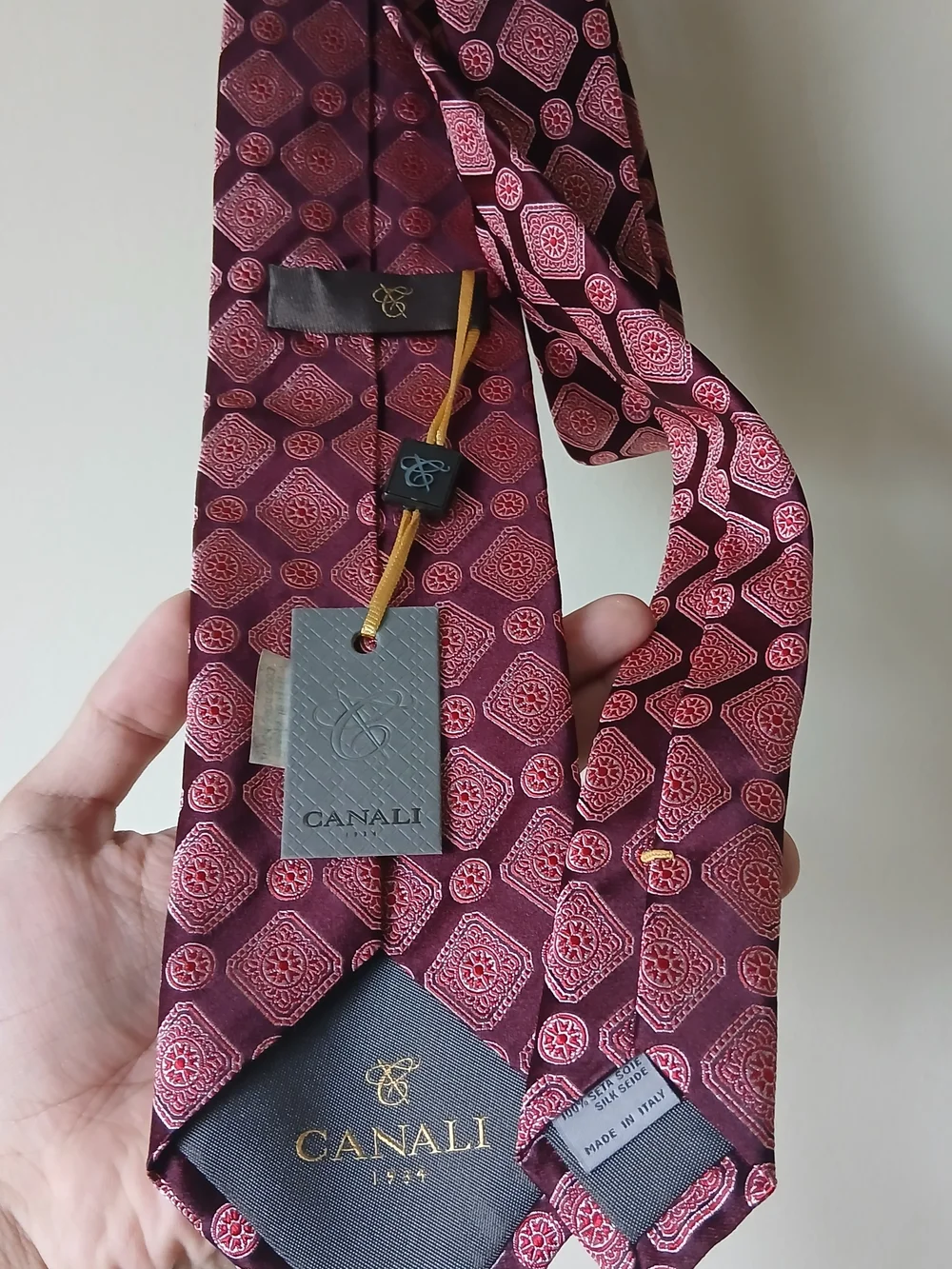Canali Burgundy and Pink Medallion Silk Tie